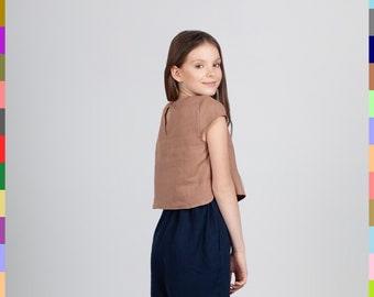 Kids Linen Tops. Brown Kids Top. Linen Girls T-Shirt. Summer Kids Top. Simple Girls Top. 100% Pure Linen (Italy).