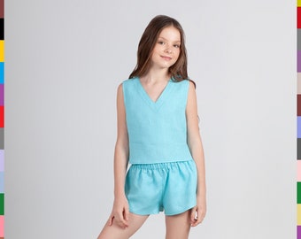 Haut simple pour enfant. Débardeur bleu pour enfant. Haut basique pour enfants. T-shirt en lin pour fille. Haut de luxe pour filles. 100 % pur lin (Italie).