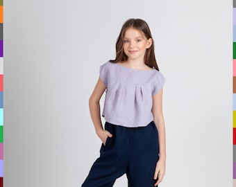 Basic Kids Tops. Purple Kids Top. Simple Girls Tunic. Teen Blouse.  Basic Kids Top. 100% Pure Linen (Italy)