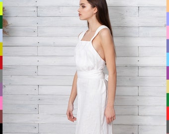 Linen Summer Dress. White Flax Dress. Apron Dress. Linen Pinafore. Bridesmaid Dress. 100% Pure Linen (Italy)