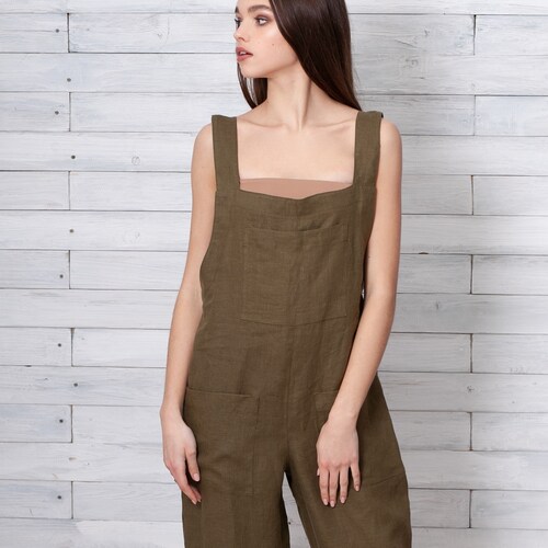 Loose Linen Jumpsuit. Khaki Jumper. Linen Overall. Cropped Etsy