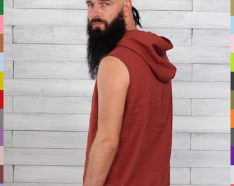 Men Linen Hoodie. Terracotta Hoodie. Sleeveless Men Shirt. Beach Linen Shirt. Linen Style. Urban Clothing. 100% Pure Linen (Italy)