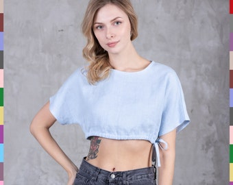 100% Italian Linen. Blue Light Crop Top – Italian Double Stonewashed Summer Tee