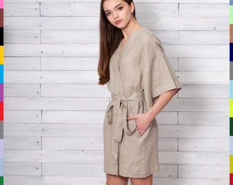 Beige Linen Robe. Flax Kimono. Linen Loungewear. Bathrobe Homewear. Wedding Robe. Bridesmaide Robe. Short Linen Robe.100% Pure Linen (Italy)