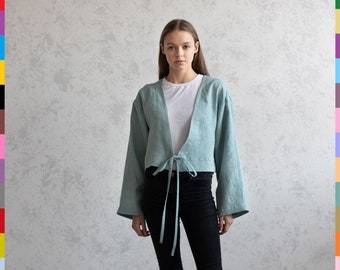 Linnen stropdas voorkant top. Linnen crop-tops. Linnen open bovenkant. Blouse met lange mouwen. Bijgesneden linnen blouse. Linnen overhemd. 100% puur linnen (Italië)