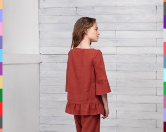 Terracotta Kids Top. Top With Ruffles. Girls Linen Top. Simple Teen Blouse. 100% Pure Linen (Italy).