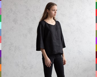 Black Linen Top. Linen T-Shirt. Flax Blouses. Linen Tunic. Black Linen Tee. Basic Linen Tops. Simple Linen Top. 100% Pure Linen (Italy)