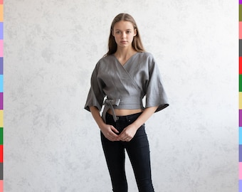 Linen Kimono Top. Linen Top. Linen Wrap Tops. Linen Wrap Blouse. Linen Blouse. Linen Wrap Crop Top. Wrapped Top. 100% Pure Linen (Italy)