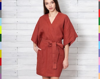 Włoski lniany szlafrok – miękkie letnie kimono w kolorze terakoty