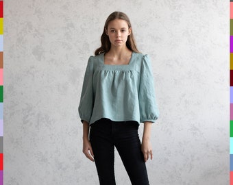 100% lino italiano. Camisa de lino para mujer. Blusas de lino holgadas. Blusa extragrande. Top con escote cuadrado.