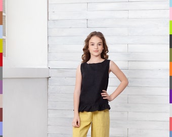 Black Kids Top. Girls Black Tank. Kids Linen T-Shirt. Summer Kids Top. 100% Pure Linen (Italy).