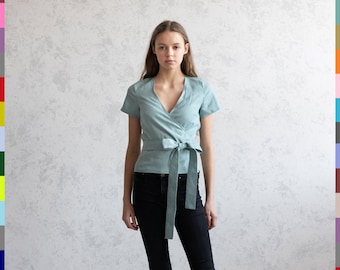 Linen Kimono Shirt. Linen Tops. Linen Wrap Top. Linen Wrap Blouses. Linen Shirt. Blue Women Top. Wrapped Tops. 100% Pure Linen (Italy)