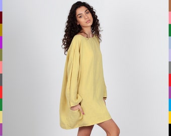 Yellow Linen Tunic. Loose Tunic Dress. Linen Blouse. Oversized Linen Blouse. Women Tunics. Loose Linen Tunics. 100% Pure Linen (Italy)