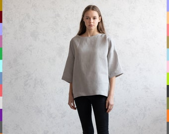 100% Italian Linen Loose Top – Silky Soft, Double Stonewashed Gray Light