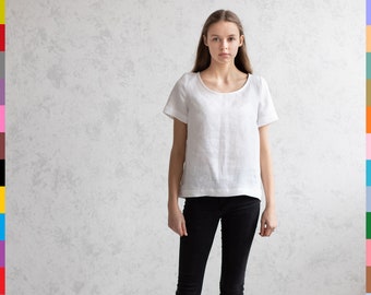 Weißes Leinen Top. Flachs-T-Shirt. Kurzarm Top. Kurze Flachs-Bluse. 100% reines Leinen (Italien)