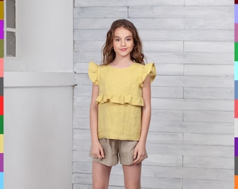 Yellow Kids Top. Lemon Girls Tank. Ruffled Dressy Top. Flutter Sleeve Tops. 100% Pure Linen (Italy)