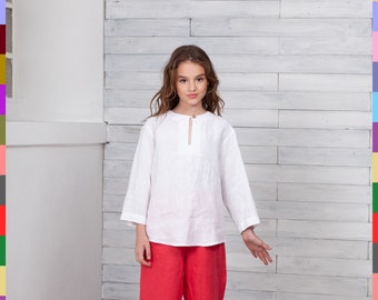 Chemise blanche pour enfant. Tunique en lin pour fille. Blouse en lin pour ados. Haut à manches longues. 100 % pur lin (Italie).