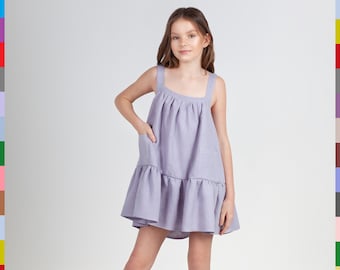 Kids Linen Summer Dress – Italian Flax, Double Stonewashed, Purple Light