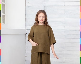 Khaki Kids Top. Girls Pocket Top. Kids Linen Clothes. Simple Kids Tunic. 100% Pure Linen (Italy).