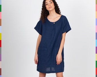 Navy Linen Tunic. Linen Top Dress. Blue Tunic Dress. Dress With Pockets. Linen Shirt Dress. 100% Pure Linen (Italy)
