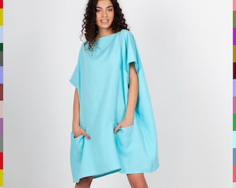 100% Italian Linen. Oversized Dress. Spring Dresses. Blue Flax Dress. Tunic With Pockets.