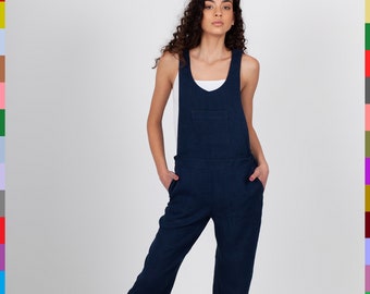 Linen Jumpsuit. Navy Flax Jumpsuit. Jumpsuit With Fastener. Linen Romper. Linen Overall. Casual Linen Jumper. 100% Pure Linen (Italy)