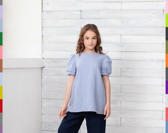 Purple Kids Top. Simple Girls Tunic. Teen Blouse.  Basic Kids Top. 100% Pure Linen (Italy)