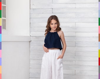 Kids Blue Dark Linen Top – Italian Pure Linen, Double Stonewashed