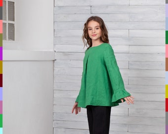 Green Kids Tunic. Kids Long Sleeve Top. Fall Girls Top. Girls Linen Shirt. 100% Pure Linen (Italy)