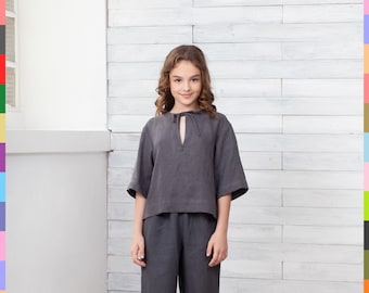 Grey Kids Shirt. Simple Girls Top. Minimalist Kids Top. Italian linen. 100% Pure Linen (Italy)