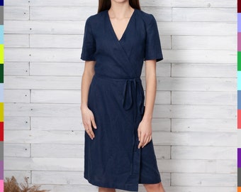 Navy Dress. Dark Blue Dress. Wrap Flax Dress. Elegant Dress. Linen Robe Dress. Japanese Dress. Kimono Dress. 100% Pure Linen (Italy)