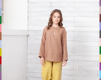 Brown Kids Shirt. Kids Flax Tunic. Simple Kids Blouse. Long Sleeve Shirt. 100% Pure Linen (Italy)