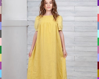 Maxi Girls Dress. Lemon Girls Gown. Summer Linen Tunic. Minimalist Dress. Casual Kids Dress. Yellow Kids Dress. 100% pure linen (Italy).