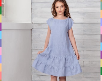 Purple Linen Dress. Girls Flax Dress. Frilled Skirt Finish. Linen Clothes. Midi Kids Dress. Short Sleeve Dress. 100% pure linen (Italy)