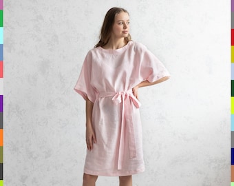 Light Pink Dress. Linen Kimono Dress. Kimono Sleeve Dress. Dress With Belt. Bestseller Dress. 100% Pure Linen (Italy)