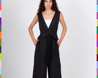 Linen Jumpsuit. Flax Jumper. Boho Romper. Black Linen Playsuit. Wide Leg Jumper. Linen Overall. Casual Linen Romper. 100% Pure Linen (Italy)