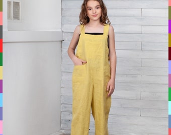 Yellow Kids Romper. Girls Overall. Childrens Jumpsuit. Unisex Kids Romper. 100% Pure Linen (Italy).