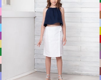 White Kids Skirt. Wrap Girls Skirt. Midi Teen Skirt. Summer Kids Skirt. 100% Pure Linen (Italy).