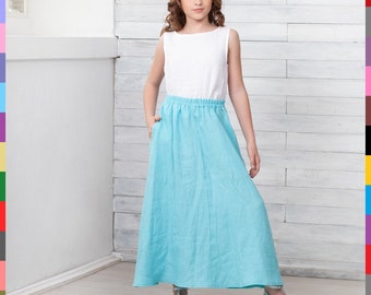 Falda azul para niños. Falda maxi para niñas. Falda larga de lino. Falda acampanada para niños. 100% Lino Puro (Italia)