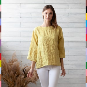 Yellow Linen Shirt. Flax Loose Top. Oversized Linen Top. Minimal Linen Top. Basic Blouse. 100% Pure Linen (Italy)