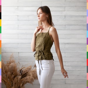 Khaki Wrap Top. Front Pocket Top. Cross Back Top. Linen Tank Top. Flax Wrap Tank. 100% Pure Linen (Italy)