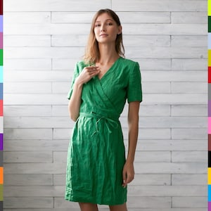 Green Linen Dress. Short Flax Dress. Wrap Linen Gown. Kimono Dress. Summer Dress.  100% Pure Linen (Italy)