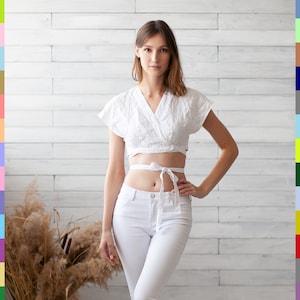 White Linen Top. Wrap Flax Top. Linen T-Shirt. White Crop Top. Wrap Crop Top. 100% Pure Linen (Italy)