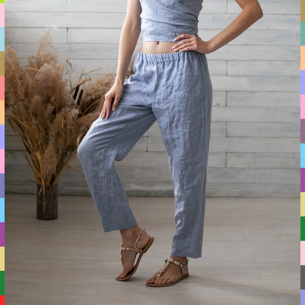 Blue Linen Pants. Woman Flax Pants. Pajama Linen Trousers. Slack Linen Pants. 100% Pure Linen (Italy)