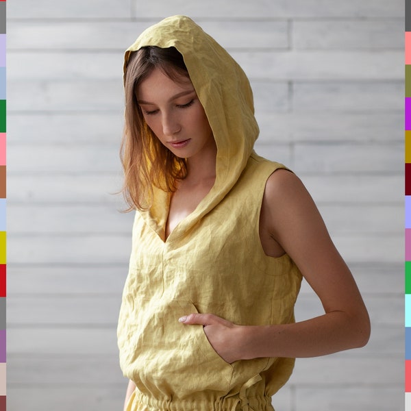 Yellow Linen Dress. Hoodie Flax Dress. Maxi Linen Tunic. Casual Dress. 100% Pure Linen (Italy).