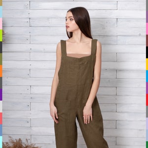 Loose Linen Jumpsuit. Khaki Jumper. Linen Overall. Cropped Jumper. Khaki Playsuit. Casual Romper. 100% Pure Linen (Italy)