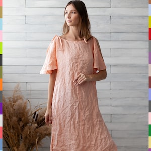 Pink Linen Dress. Midi Flax Dress. Smock Linen Dress. Frill Sleeves Dress. Salmon Dress. 100% Pure Linen (Italy)