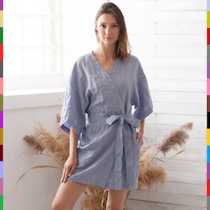 Blue Linen Robe. Flax Kimono. Linen Loungewear. Bathrobe Homewear. Wedding Robe. Bridesmaids Robe. 100% Pure Linen Italy image 2