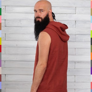 Männer Leinen Hoodie. Terrakotta Hoodie. Ärmelloses Männer Shirt. Strand-Leinen-Hemd. Leinen Stil. Städtische Kleidung. 100% reines Leinen (Italien)