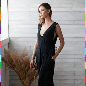 Black Linen Jumpsuit. Flax Jumpsuit. Linen Romper. Palazzo Jumper. Linen Overall. 100% Pure Linen (Italy)